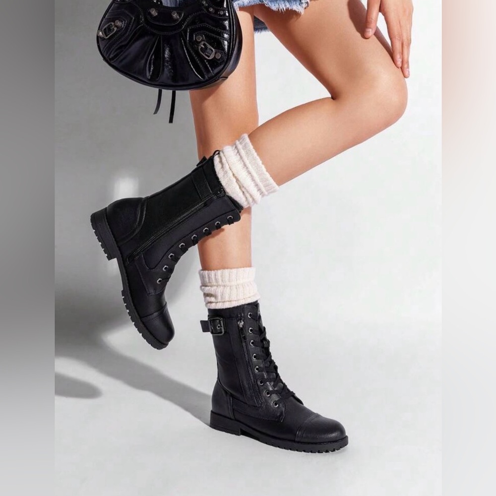 SHEIN Black Lace-Up Combat Boots with Side Buckle